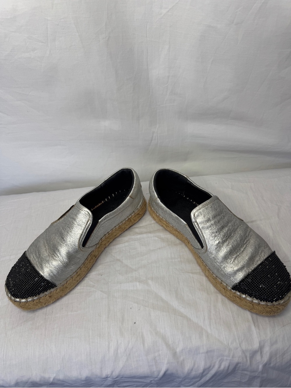 Kendall + Kylie Silver Slip-On Espadrilles with Black Beaded Toe
